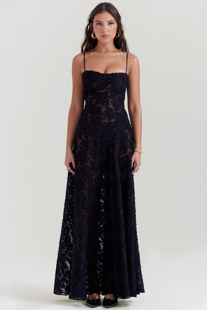 SEREN BLACK FLORAL LACE BACK MAXI DRESS