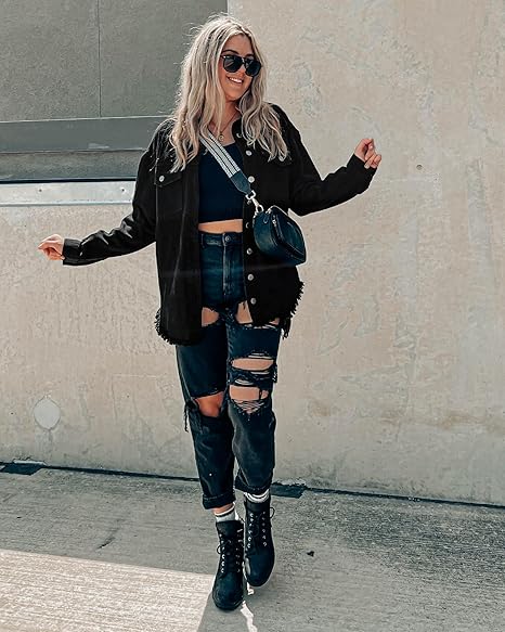 Women's Casual Denim Button Down Distressed Jacket