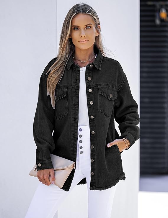 Women's Casual Denim Button Down Distressed Jacket