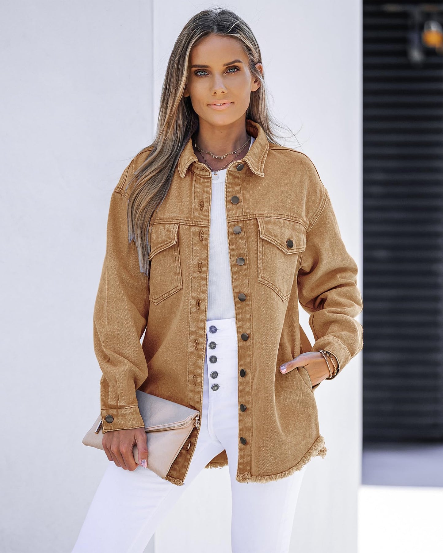 Women's Casual Denim Button Down Distressed Jacket