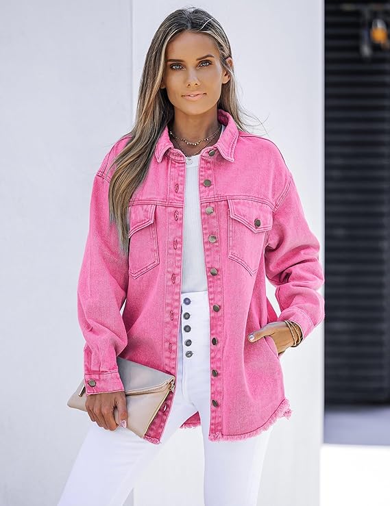 Women's Casual Denim Button Down Distressed Jacket