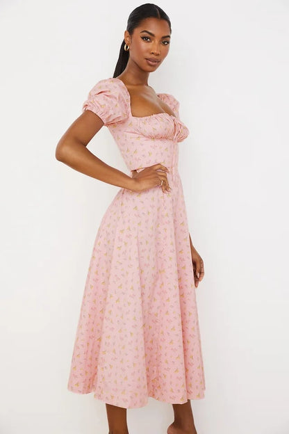 PINK FLORAL PUFF SLEEVE MIDI DRESS