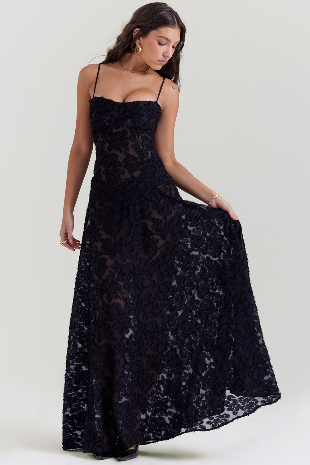 SEREN BLACK FLORAL LACE BACK MAXI DRESS