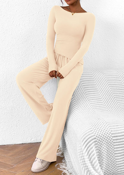 Women's 2 Piece Lounge Sets Asymmetrical Long Sleeve T Shirt Wide Leg Pants