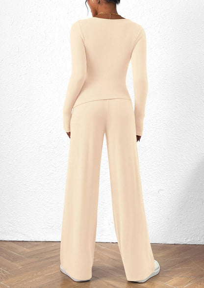 Women's 2 Piece Lounge Sets Asymmetrical Long Sleeve T Shirt Wide Leg Pants