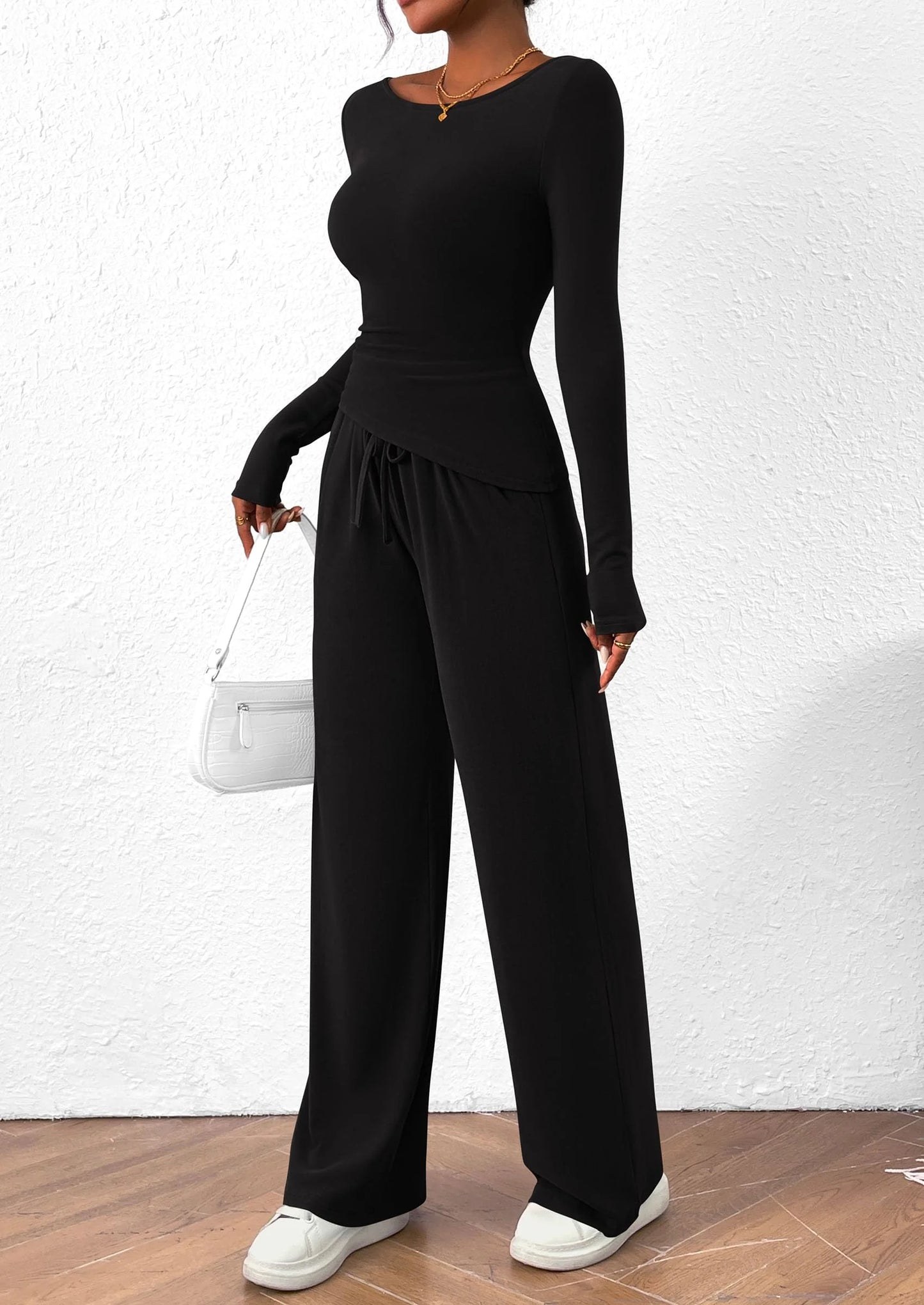 Women's 2 Piece Lounge Sets Asymmetrical Long Sleeve T Shirt Wide Leg Pants
