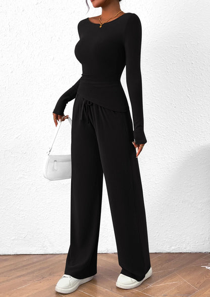 Women's 2 Piece Lounge Sets Asymmetrical Long Sleeve T Shirt Wide Leg Pants