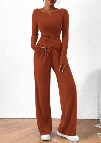 Women's 2 Piece Lounge Sets Asymmetrical Long Sleeve T Shirt Wide Leg Pants