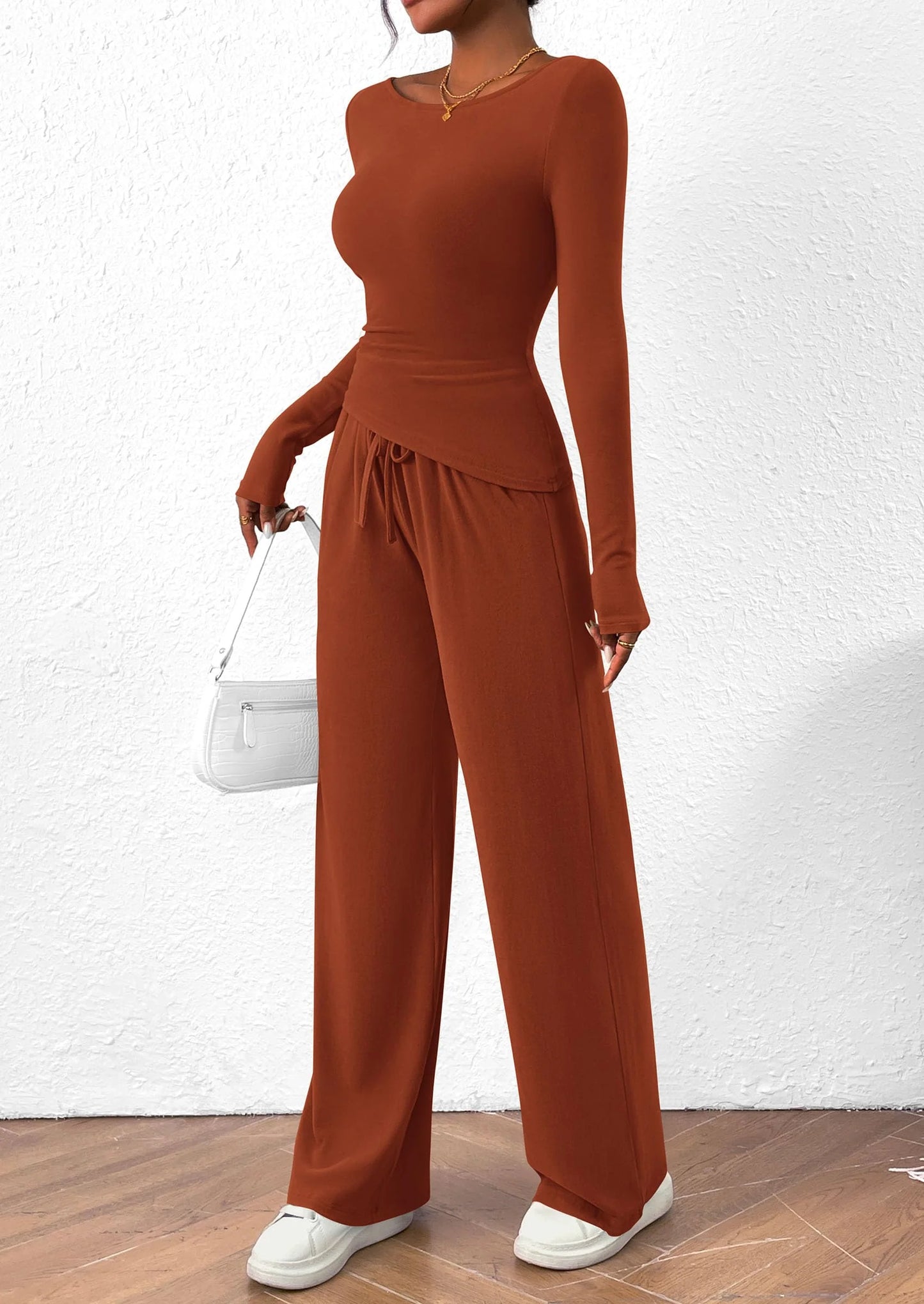 Women's 2 Piece Lounge Sets Asymmetrical Long Sleeve T Shirt Wide Leg Pants