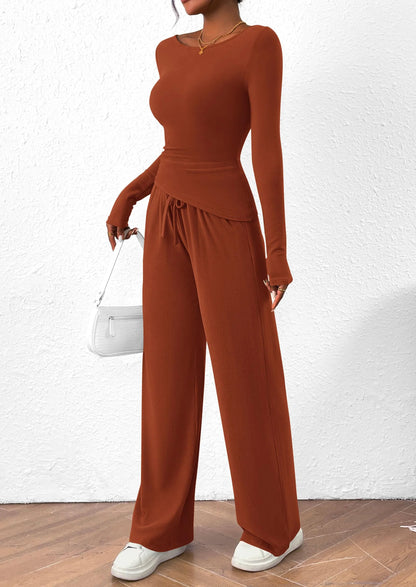 Women's 2 Piece Lounge Sets Asymmetrical Long Sleeve T Shirt Wide Leg Pants