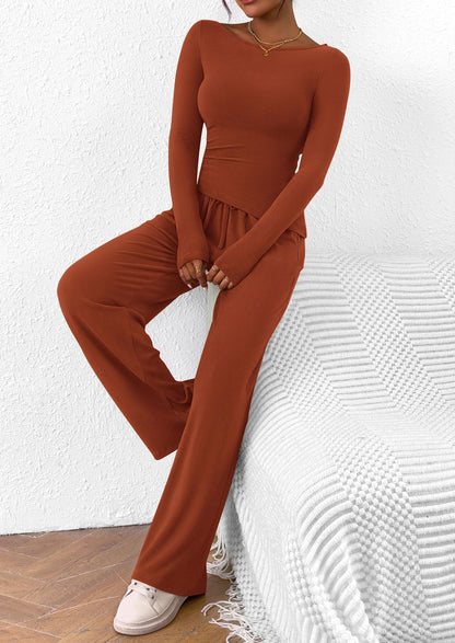 Women's 2 Piece Lounge Sets Asymmetrical Long Sleeve T Shirt Wide Leg Pants