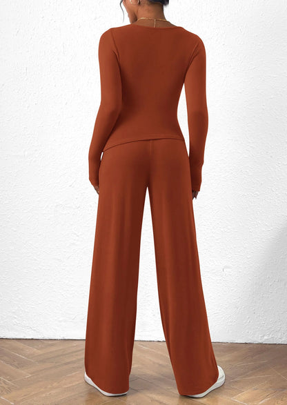 Women's 2 Piece Lounge Sets Asymmetrical Long Sleeve T Shirt Wide Leg Pants