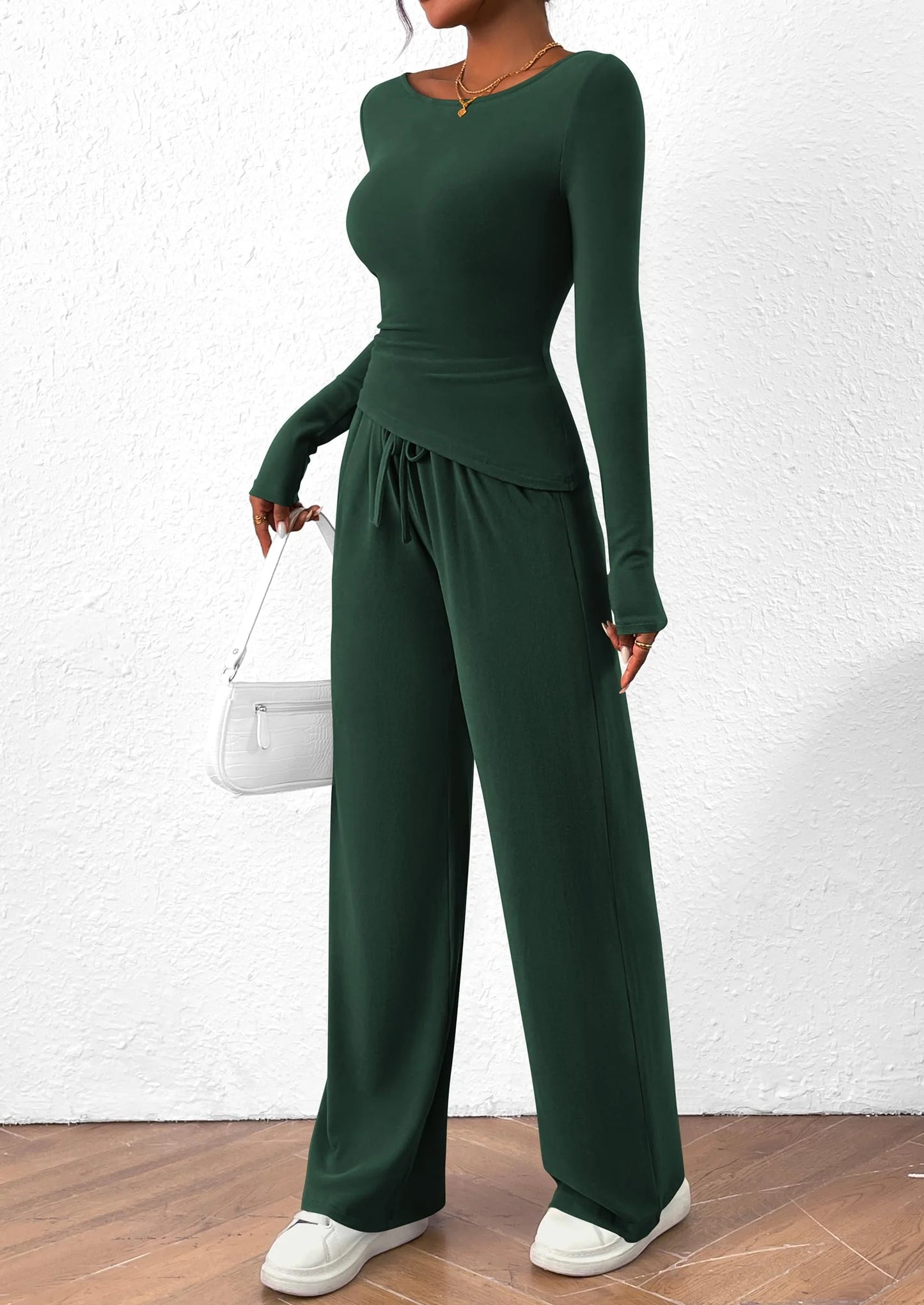Women's 2 Piece Lounge Sets Asymmetrical Long Sleeve T Shirt Wide Leg Pants