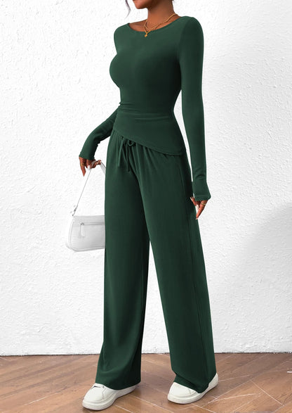 Women's 2 Piece Lounge Sets Asymmetrical Long Sleeve T Shirt Wide Leg Pants