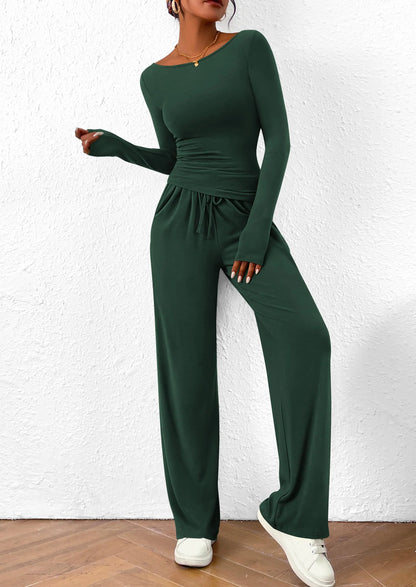 Women's 2 Piece Lounge Sets Asymmetrical Long Sleeve T Shirt Wide Leg Pants