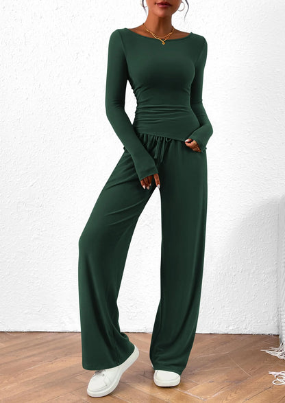 Women's 2 Piece Lounge Sets Asymmetrical Long Sleeve T Shirt Wide Leg Pants