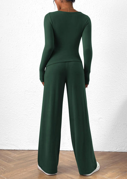 Women's 2 Piece Lounge Sets Asymmetrical Long Sleeve T Shirt Wide Leg Pants