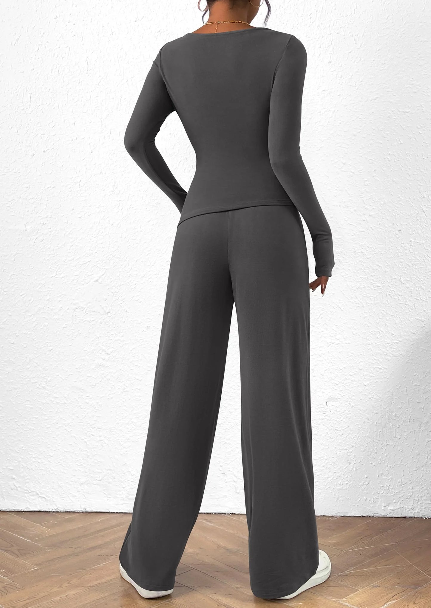 Women's 2 Piece Lounge Sets Asymmetrical Long Sleeve T Shirt Wide Leg Pants