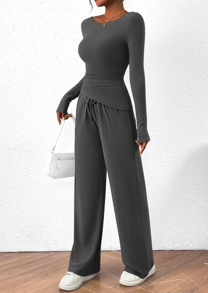 Women's 2 Piece Lounge Sets Asymmetrical Long Sleeve T Shirt Wide Leg Pants