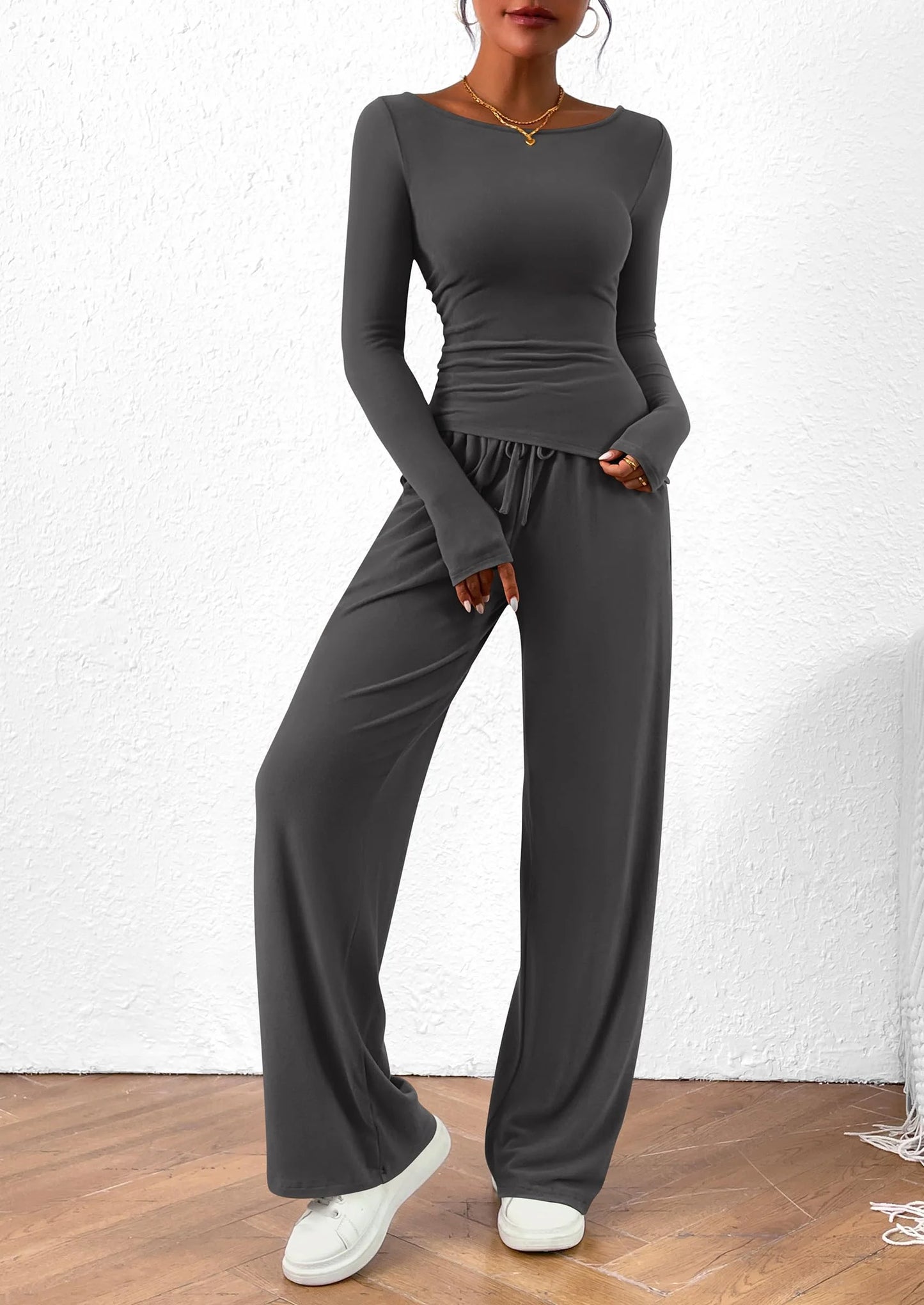 Women's 2 Piece Lounge Sets Asymmetrical Long Sleeve T Shirt Wide Leg Pants