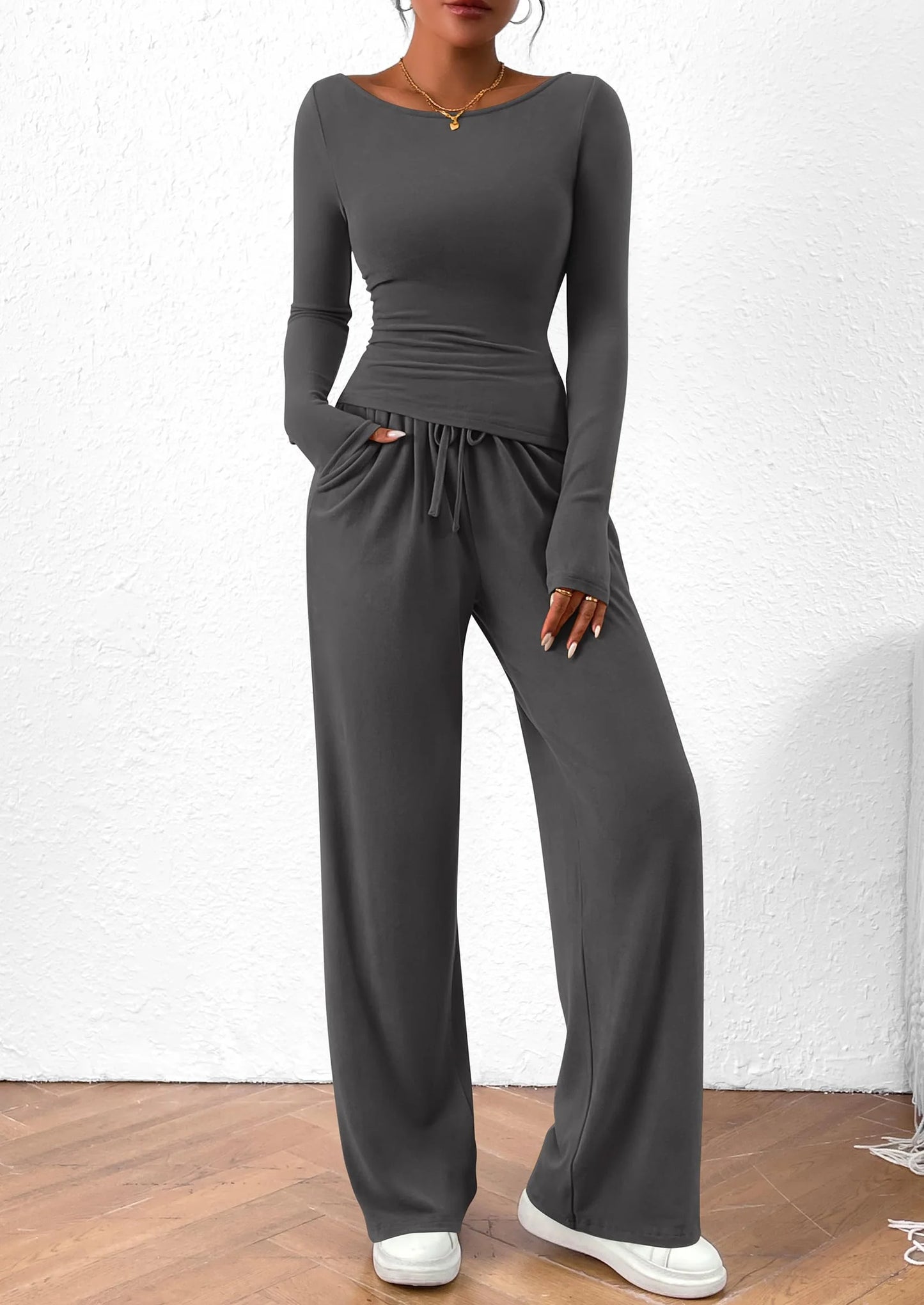 Women's 2 Piece Lounge Sets Asymmetrical Long Sleeve T Shirt Wide Leg Pants