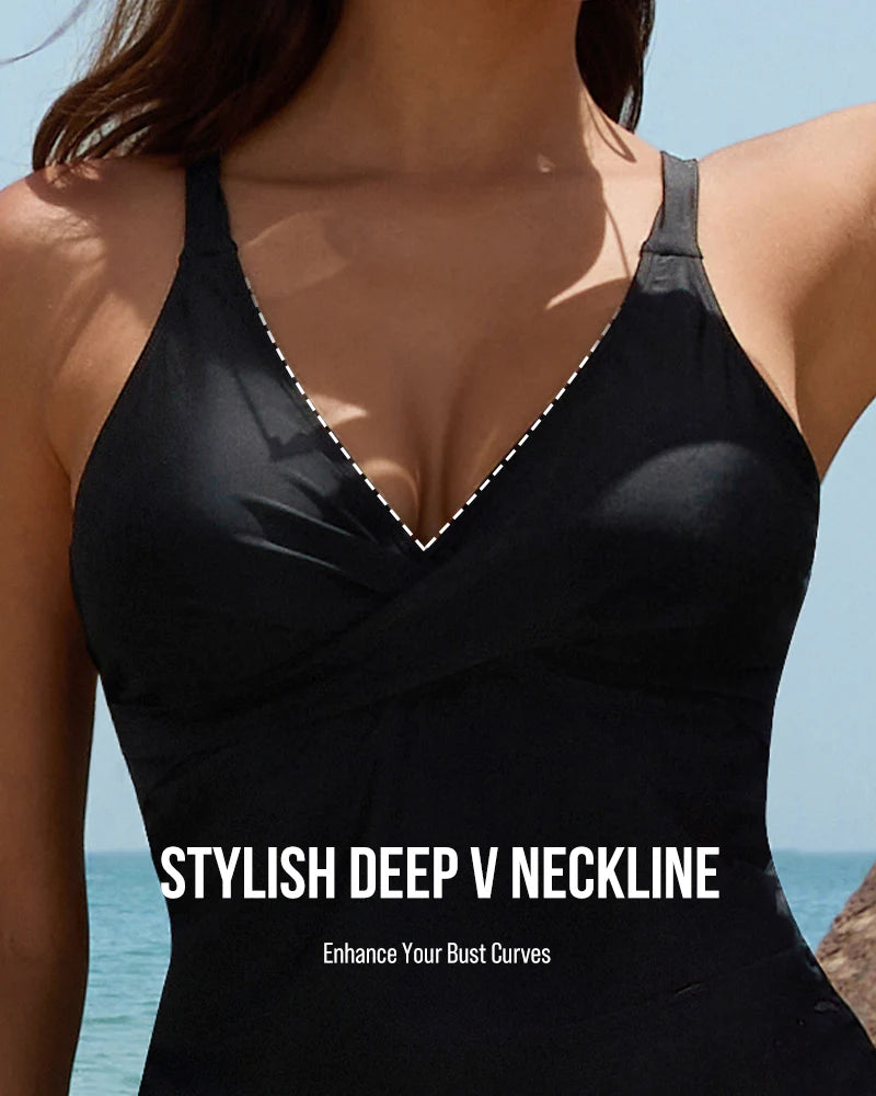 Deep V Cross-Back Ruched One-Piece Swimsuit