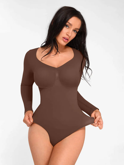 Seamless Long Sleeve Chest Support Tummy Control Thong Bodysuit