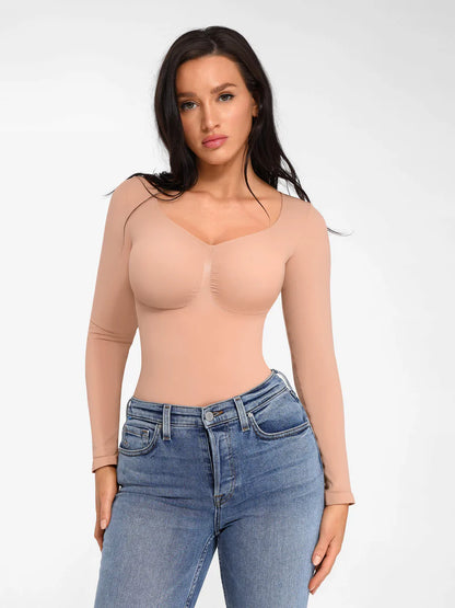 Seamless Long Sleeve Chest Support Tummy Control Thong Bodysuit
