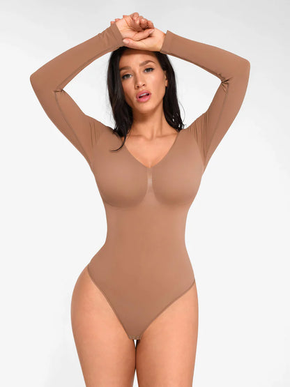 Seamless Long Sleeve Chest Support Tummy Control Thong Bodysuit