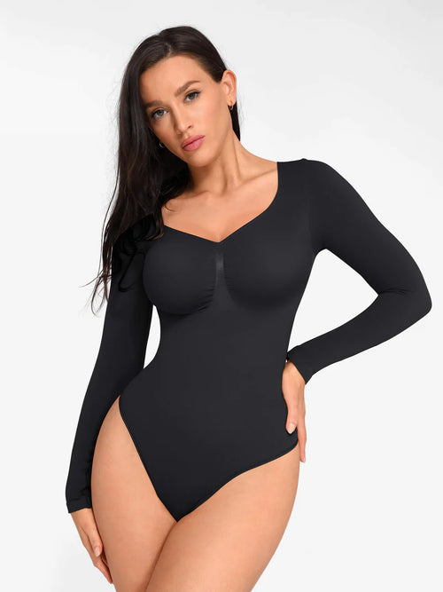 Seamless Long Sleeve Chest Support Tummy Control Thong Bodysuit