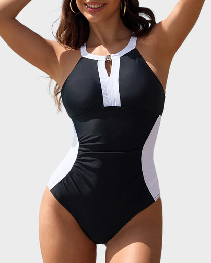 Full Coverage Retro Color Block Swimwear