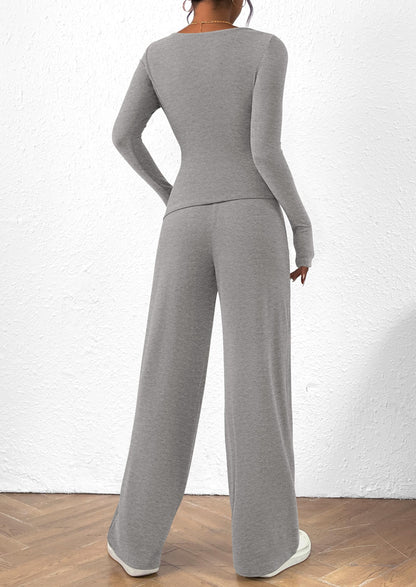 Women's 2 Piece Lounge Sets Asymmetrical Long Sleeve T Shirt Wide Leg Pants