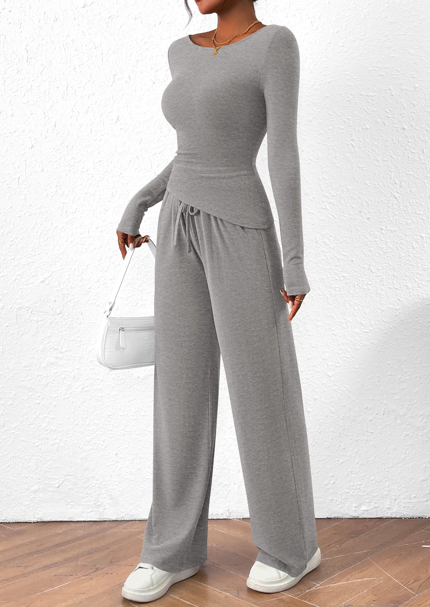Women's 2 Piece Lounge Sets Asymmetrical Long Sleeve T Shirt Wide Leg Pants