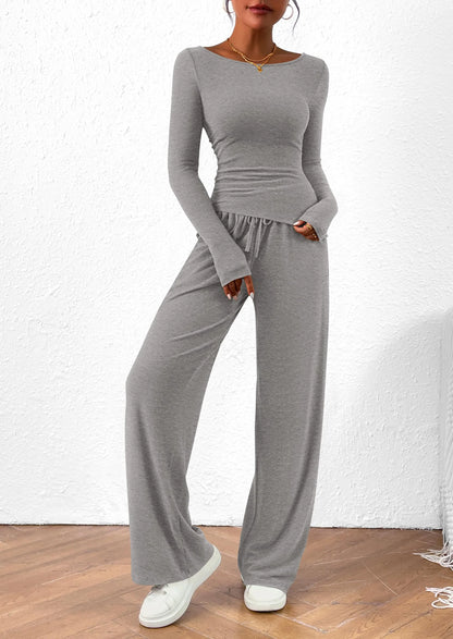 Women's 2 Piece Lounge Sets Asymmetrical Long Sleeve T Shirt Wide Leg Pants