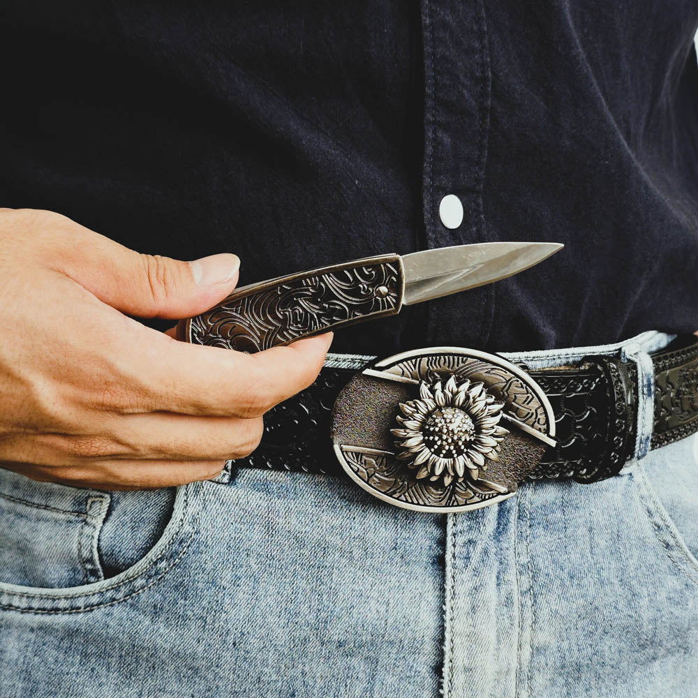 Hidden Utility Belt Buckle - Embossed Leather Western Cowboy Belt