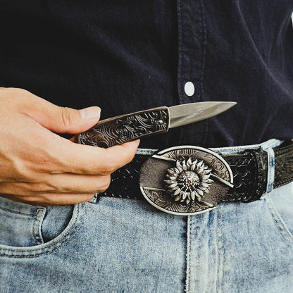 Hidden Utility Belt Buckle - Embossed Leather Western Cowboy Belt