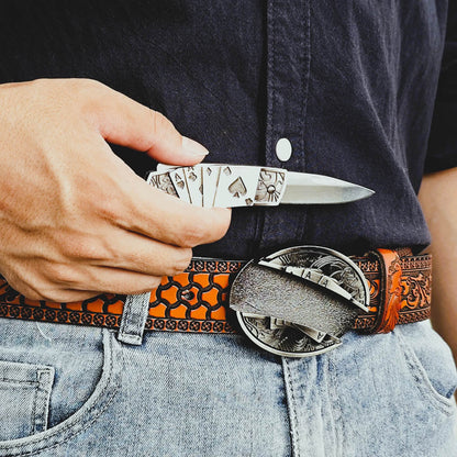 Hidden Utility Belt Buckle - Embossed Leather Western Cowboy Belt