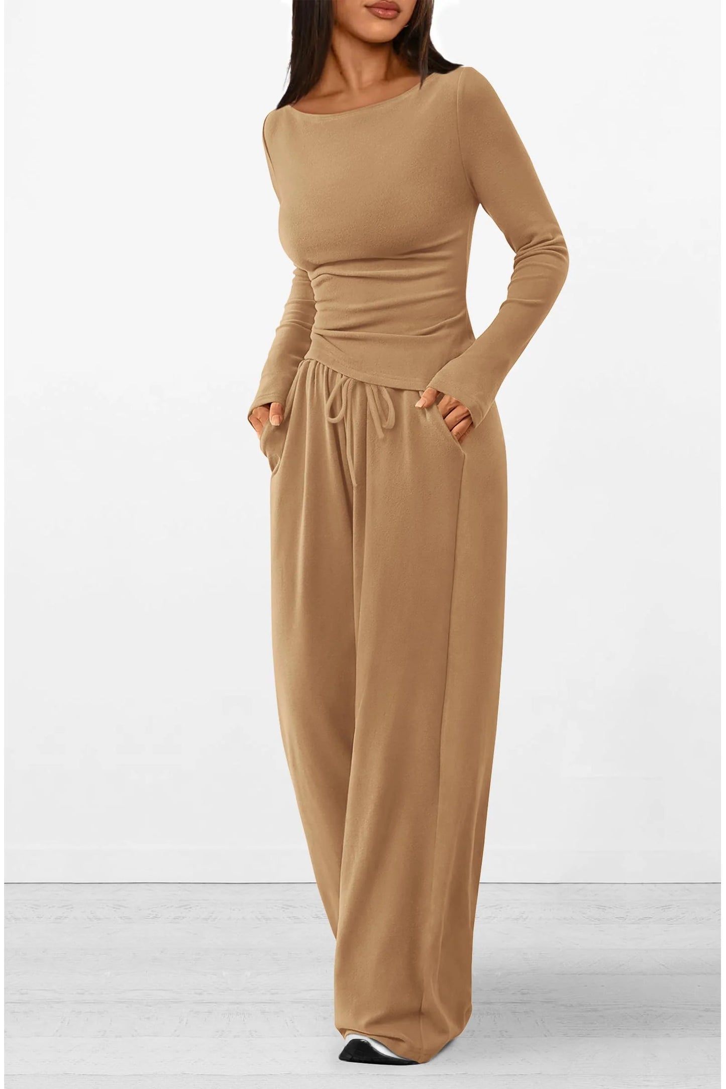 Women's 2 Piece Lounge Sets Asymmetrical Long Sleeve T Shirt Wide Leg Pants