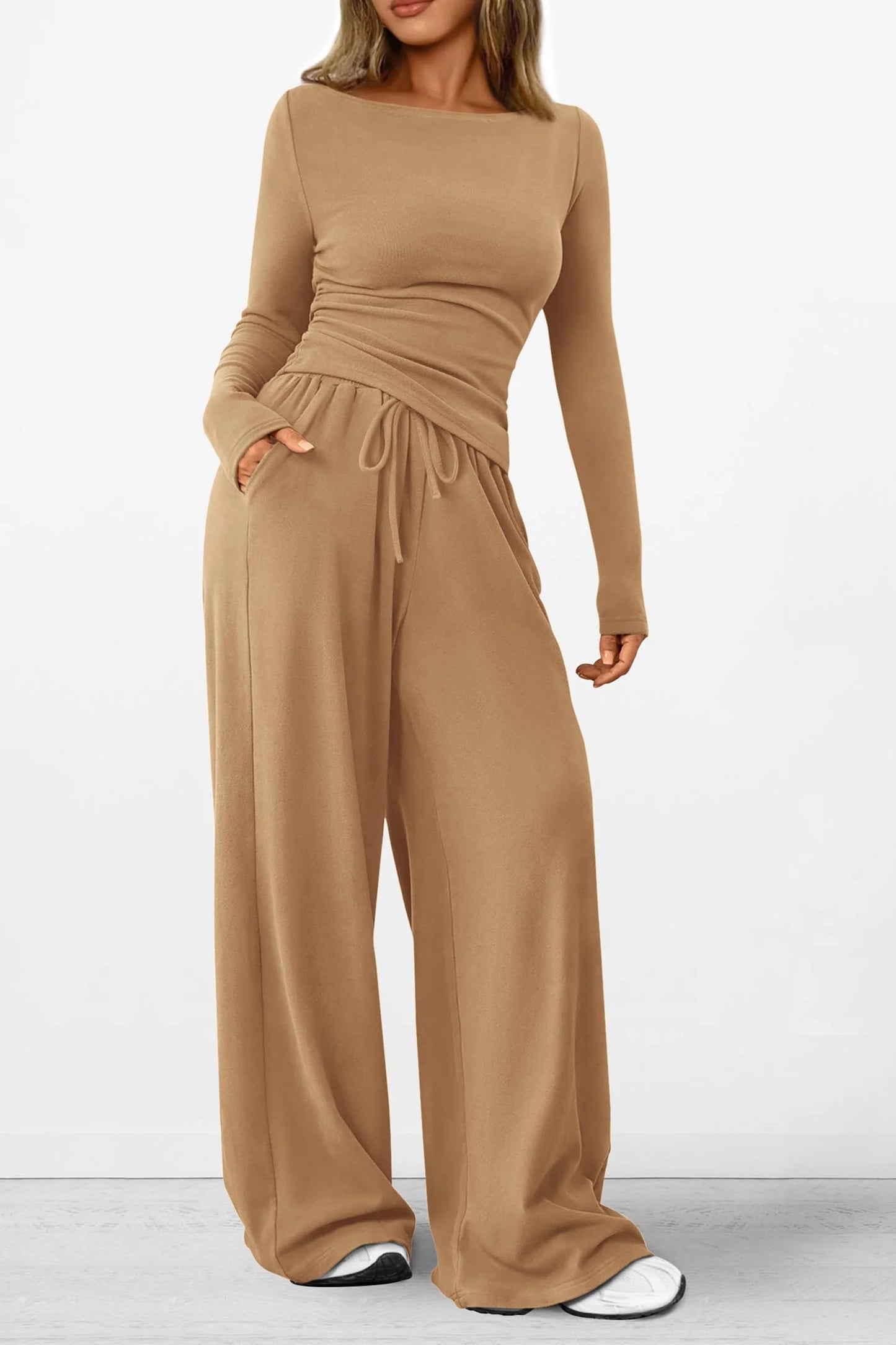 Women's 2 Piece Lounge Sets Asymmetrical Long Sleeve T Shirt Wide Leg Pants