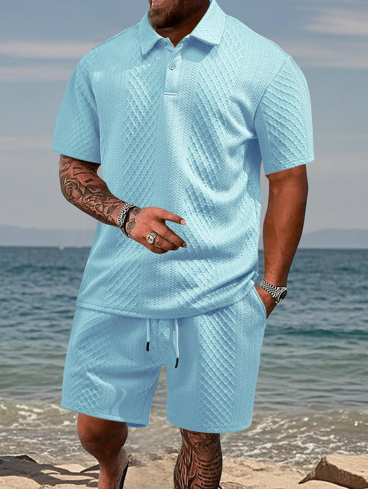 🌴Men's Solid Textured Polo Shirt & Shorts Set🌞