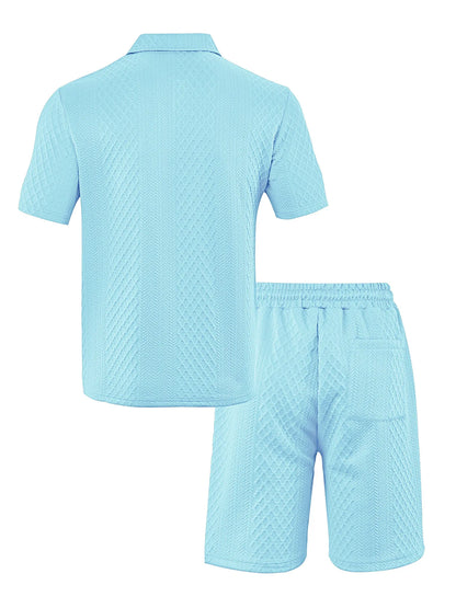 🌴Men's Solid Textured Polo Shirt & Shorts Set🌞