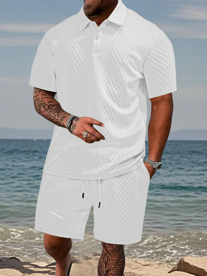 🌴Men's Solid Textured Polo Shirt & Shorts Set🌞
