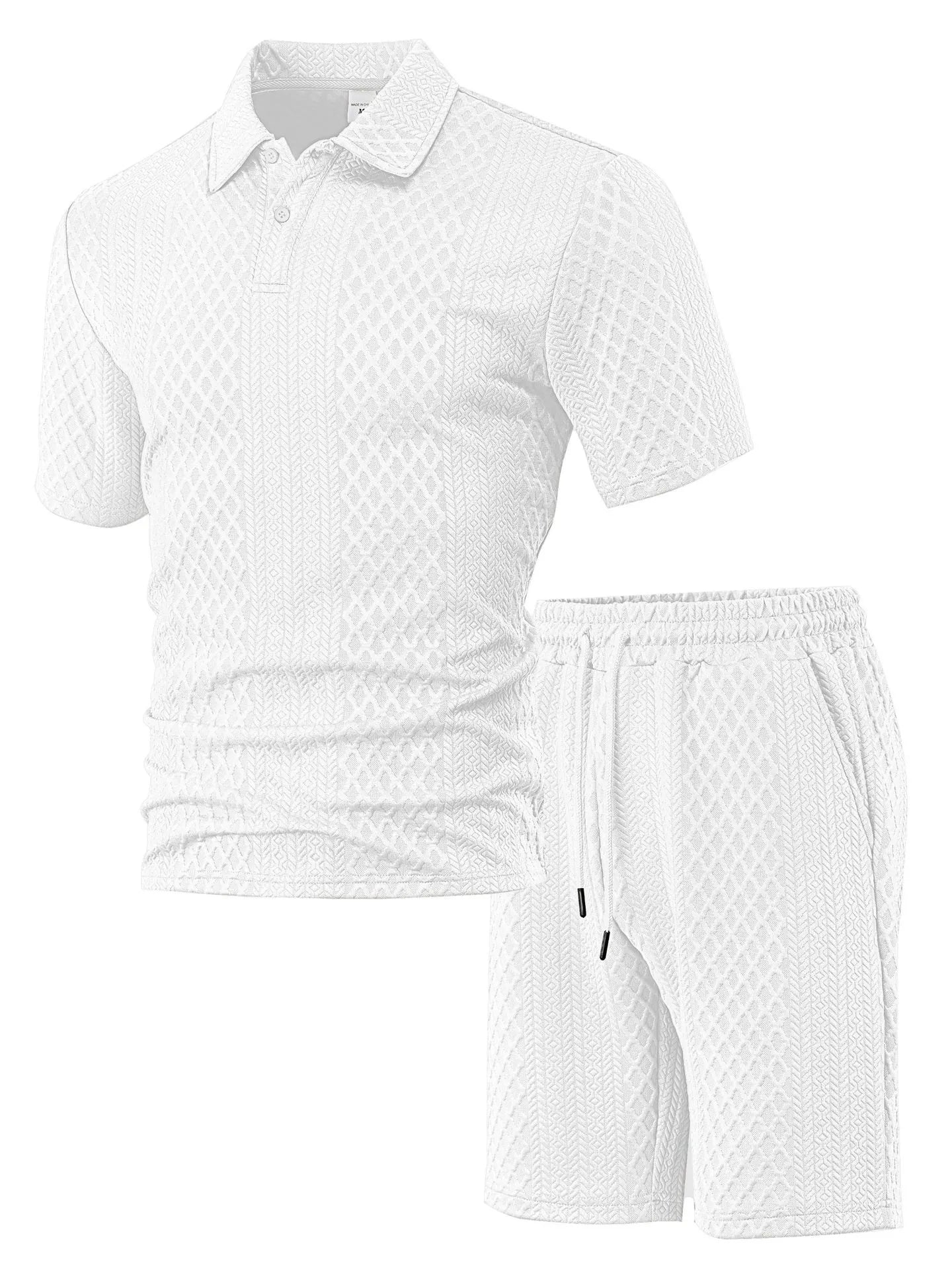 🌴Men's Solid Textured Polo Shirt & Shorts Set🌞