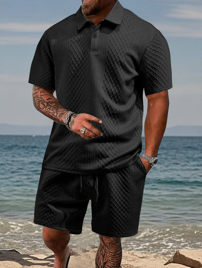 🌴Men's Solid Textured Polo Shirt & Shorts Set🌞