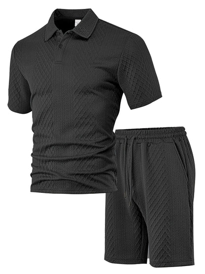 🌴Men's Solid Textured Polo Shirt & Shorts Set🌞