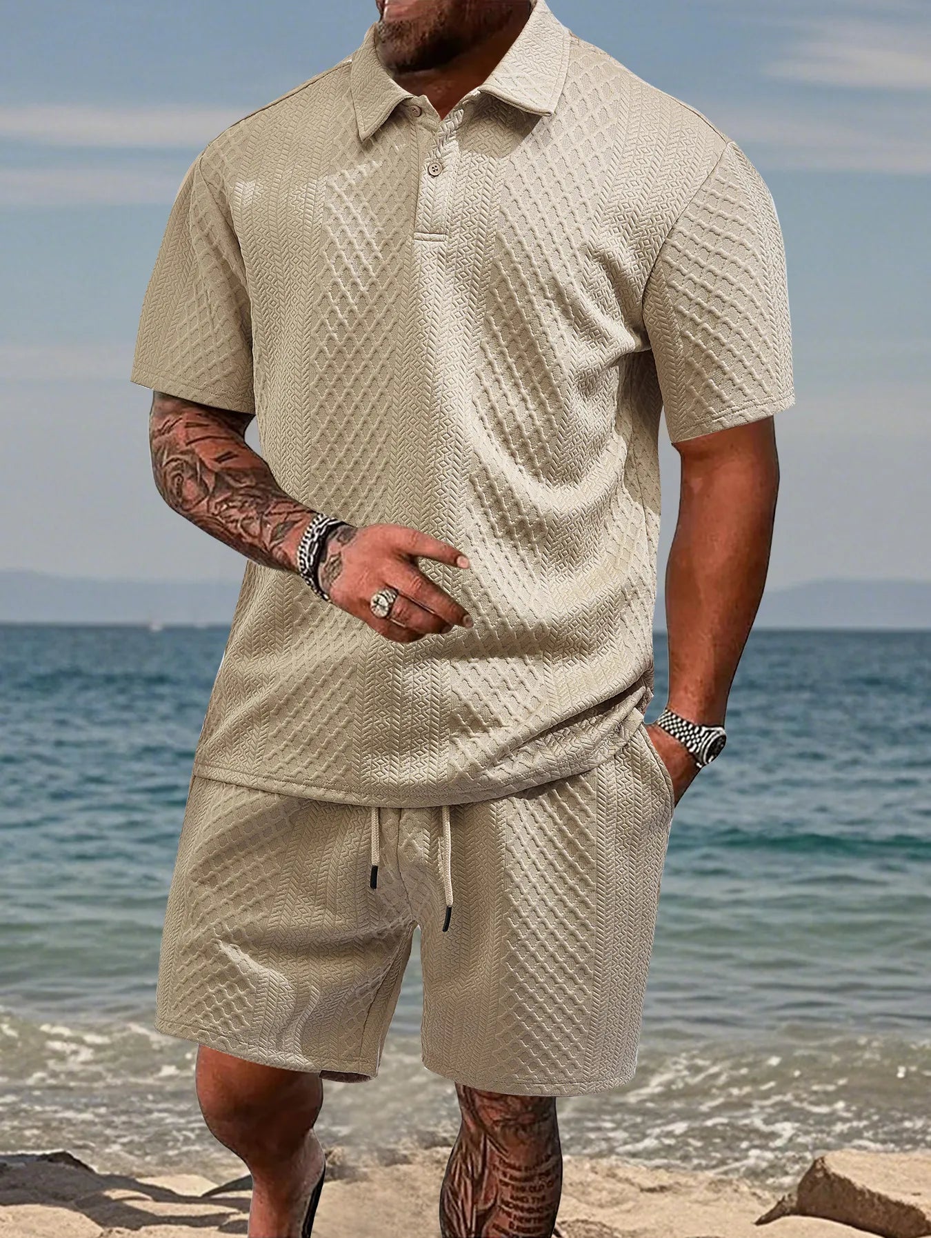 🌴Men's Solid Textured Polo Shirt & Shorts Set🌞