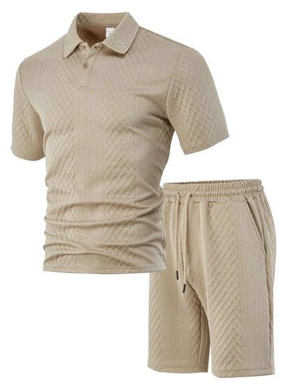 🌴Men's Solid Textured Polo Shirt & Shorts Set🌞