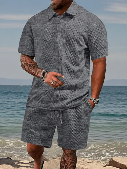 🌴Men's Solid Textured Polo Shirt & Shorts Set🌞