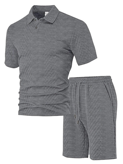 🌴Men's Solid Textured Polo Shirt & Shorts Set🌞