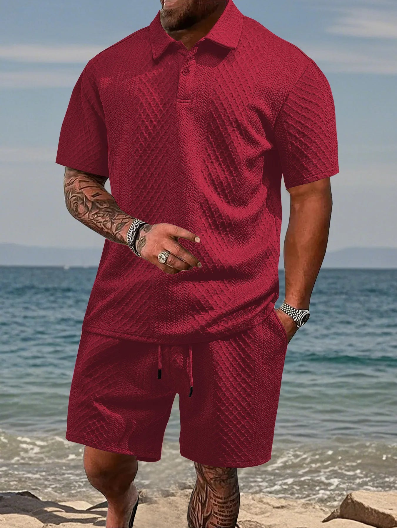 🌴Men's Solid Textured Polo Shirt & Shorts Set🌞
